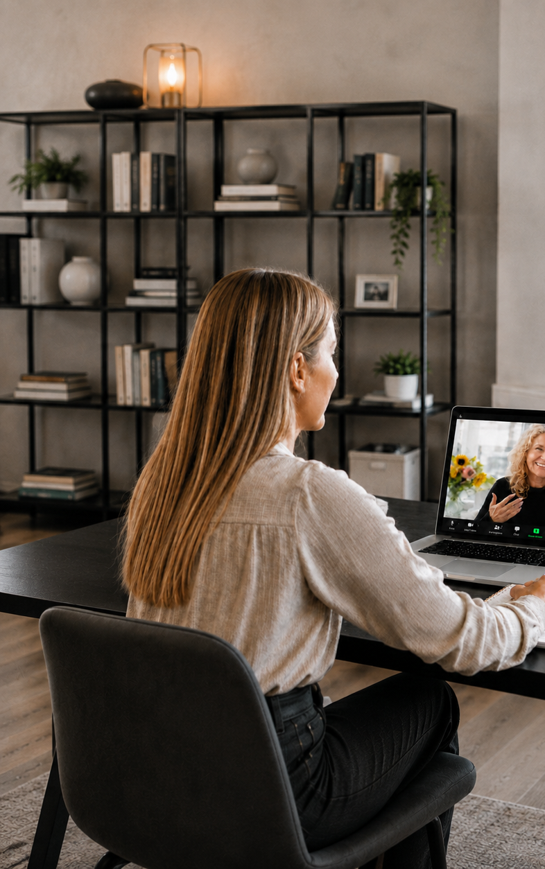 A client meeting with Zoë by video call